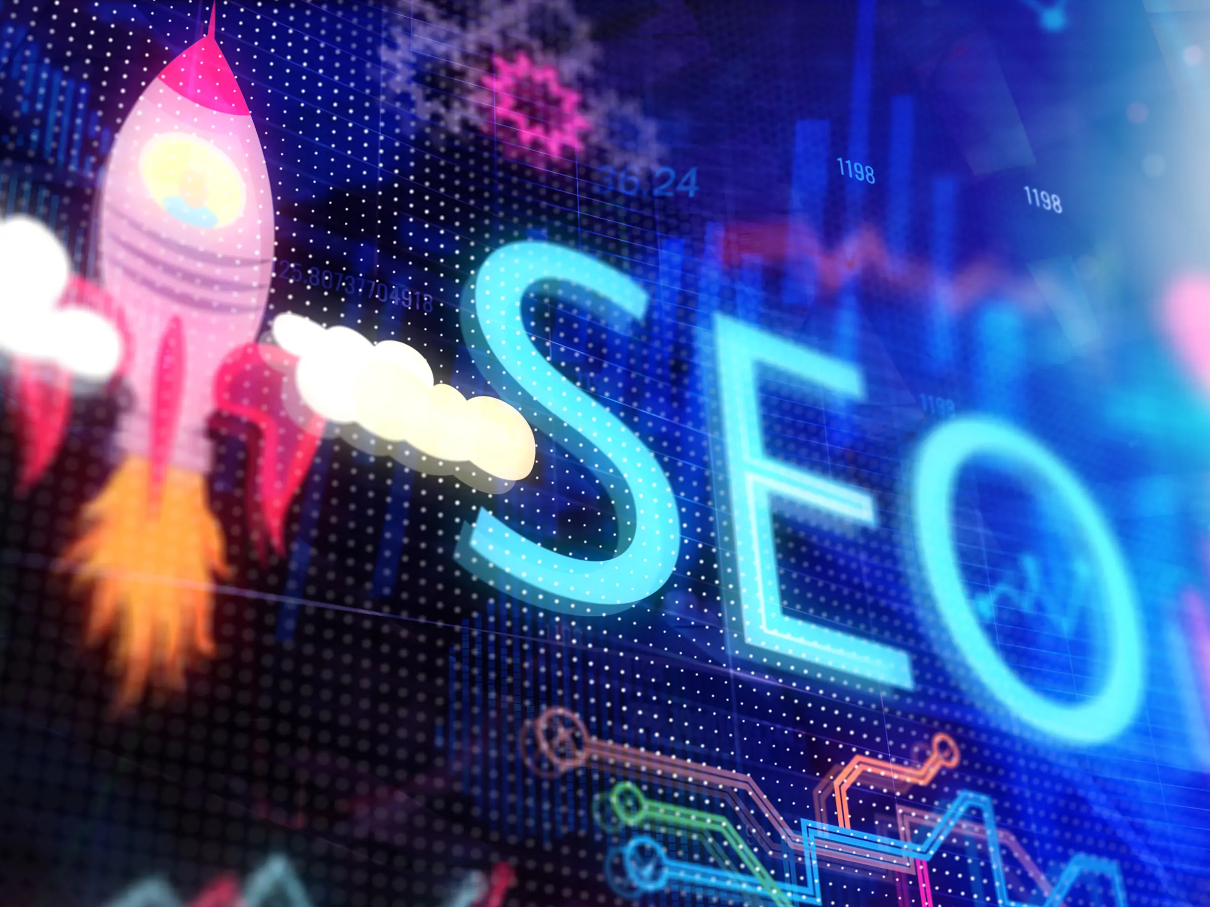 Buchstaben SEO mit Rakete daneben