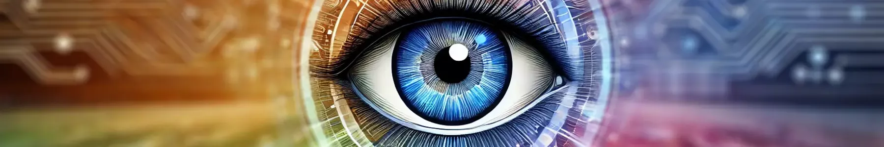 Grafik eines Auges schwebend vor farbenfrohem Hintergrund mit digitalen Symbolen