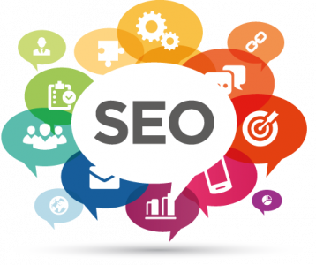 Buchstaben SEO mit vielen Icons in Sprechblasen, die das Thema symbolisch darstellen